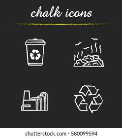 Waste management chalk icons set. Recycle bin symbol, rubbish dump, factory pollution. Environment protection. Isolated vector chalkboard illustrations