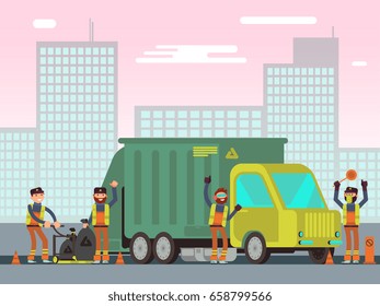 Waste management and city garbage collection for recycling vector concept with sanitation workers, garbage truck and trash bins. Trash and garbage car, illustration of container with waste