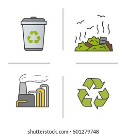 Waste management color icons set. Recycle bin symbol, rubbish dump, factory pollution. Environment protection. Isolated vector illustrations