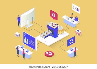 Waste management concept in 3d isometric design. Eco friendly technology, disposal sorting, separating garbage for recycling process. Vector illustration with isometry people scene for web graphic