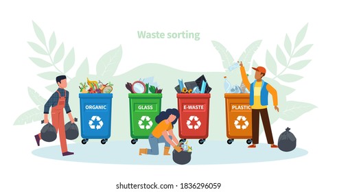 Waste management concept. Activist people throw garbage in colorful containers, women and man separate trash, pollution protection and ecology recycle vector ecological illustration for save the Earth