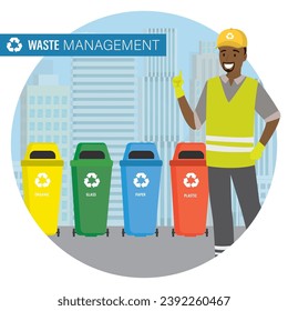 Waste management concept. Cartoon garbage сontainers for separate waste collection. Colorful trash cans, happy african american garbage collector in uniform. Web banner template. Vector illustration