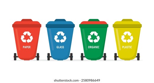 Waste management concept. Cartoon garbage сontainers for separate waste collection. Set of colorful trash cans Isolated on white background. flat vector illustration