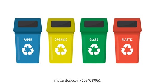 Waste management concept. Cartoon garbage сontainers for separate waste collection. Set of four colorful trash cans isolated on white background. flat vector illustration