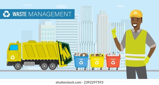 Waste management concept. Cartoon trash cans for separate waste collection. Yellow garbage truck, happy african american garbage collector in uniform. Horizontal banner. Flat vector illustration