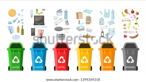 Waste management concept. Different types of\
Waste: Organic, Plastic, Metal, Paper, Glass, E-waste. Separation\
of waste on garbage cans for recycling. Colored waste bins with\
trash. Flat design\
vector
