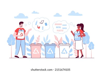 Concepto de gestión de residuos en diseño de línea plana. Hombre y mujer recolectan basura y la separan en contenedores para lo orgánico, vidrio, metal, papel, plástico. Ilustración vectorial con escena de personas de contorno para web