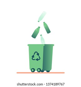 Waste management concept with Green Bin with glass bottles for recycling. Vector illustration of remove glass waste in flat style isolated from white background