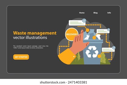 Abfallwirtschaftskonzept. Handführung des Recyclingprozesses unter besonderer Berücksichtigung von Rückgewinnung und verantwortungsvoller Entsorgung. Effizientes System für eine nachhaltige Umwelt. Die Lösung globaler Müllprobleme. flache Vektorgrafik