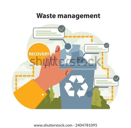 Waste management concept. Hand guiding the recycling process, emphasizing recovery and responsible disposal. Efficient system for a sustainable environment. Tackling global garbage issue. Flat vector