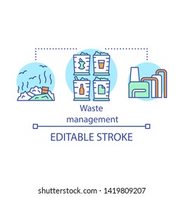 Waste Management Concept Icon. Trash Sorting. Garbage Recycling Industry. Zero Waste Manufacturing Plant. Idea Thin Line Illustration. Vector Isolated Outline Drawing. Editable Stroke