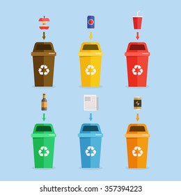 Waste management concept illustration. Separation of waste on garbage cans and sorting for recycling. 