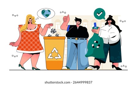 Waste management concept for modern web design. People collecting trash, sorting garbage into separate bins, take care of ecology, save Earth. Flat vector illustration isolated on white background.
