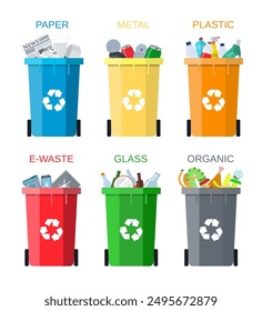 Waste management concept. Waste segregation. Colored waste bins with trash. Vector illustration in flat design