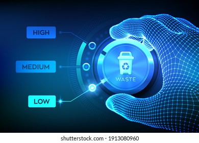 Waste management concept. Wireframe hand setting waste level button on lowest position to optimize manufacture production and reduce costs. Lean management concept. Vector illustration