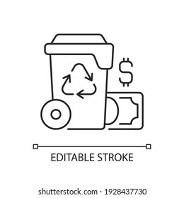 Waste management cost linear icon. Recycling waste costs. Source reduction. Financing, services. Thin line customizable illustration. Contour symbol. Vector isolated outline drawing. Editable stroke