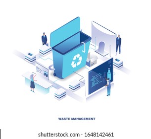 Waste management or disposal service, recycling technology isometric landing page. Concept with tiny people stand around giant trash bin and sorting garbage. Modern vector illustration for website.