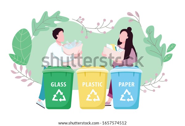 Waste management, eco friendly living 2D vector\
web banner, poster. Garbage separation. Man and woman sorting trash\
flat characters on cartoon background. printable patches, colorful\
web elements