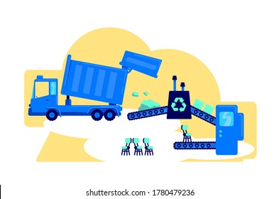 Waste Management Flat Concept Vector Illustration. Factory Conveyor Belt. Convert Rubbish. Reuse Secondary Material 2D Cartoon Illustration For Web Design. Processing Garbage Creative Idea