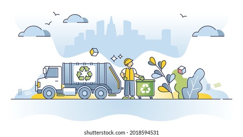 Waste management as garbage collection and clean recycling truck outline concept. Urban trash utility service with container monitoring and handling vector illustration. Ecological bin disposal scene.