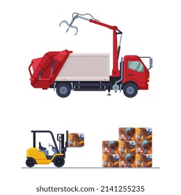 Waste Management or Garbage Processing with Machine Engaged in Trash Treatment Vector Set