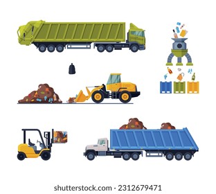 Waste Management or Garbage Processing with Machine Engaged in Trash Treatment Vector Set