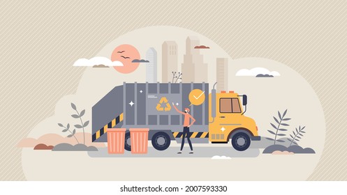 Waste management, garbage recycling with disposal truck tiny person concept. Professional trash handling with environmental segregation and sustainable daily collection for reuse vector illustration.