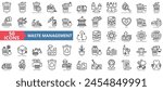 Waste management icon collection set. Containing disposal, landfill, garbage collection, transport, plastic, sorting, contamination icon. Simple line vector.