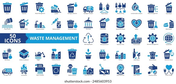 Waste management icon collection set. Containing disposal, landfill, garbage collection, transport, plastic, sorting, contamination icon. Simple flat vector.