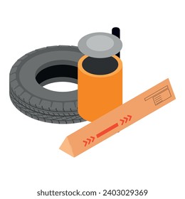 Icono de gestión de residuos vector isométrico. Neumático de auto y caja postal cerca de la calle. La basura industrial, el problema ambiental