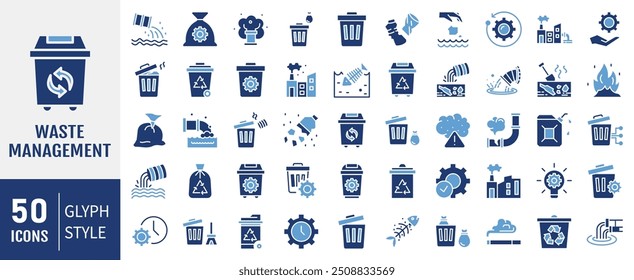 Conjunto de iconos de gestión de residuos. Contiene eliminación, vertedero, colección de basura, plástico, clasificación, icono de contaminación. Vector plano simple.