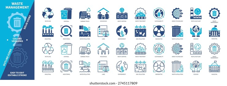 Waste Management icon set. Ecology, Recycling, Waste Treatment, Soil Pollution, Disposal, Radioactive, Water Pollution, Household. Duotone color solid and editable outline icons