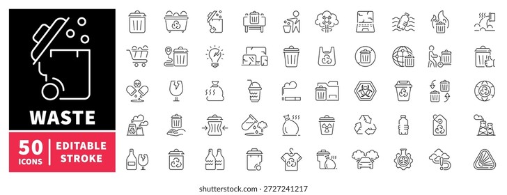 Conjunto de iconos de gestión de residuos. iconos de línea editables con símbolos de reciclaje y eliminación