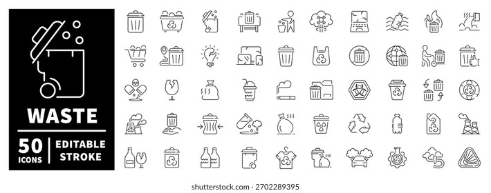 Conjunto de iconos de gestión de residuos. iconos de línea lineales y editables para reciclaje y soluciones ecológicas