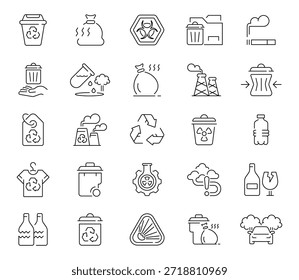 Conjunto de iconos de gestión de residuos. iconos de línea lineales y editables para reciclaje y soluciones ecológicas
