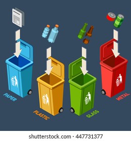 Waste management isometric concept with different colored recycle bins for garbage separation vector illustration 