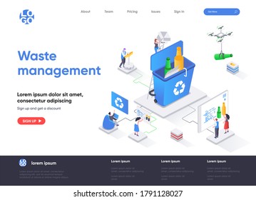Abfall-Management-isometrische Landungsseite. Kontrolle und Verwaltung der Müllverwertung, Abfallsammlung und Sortierung der Isoometrie-Webseite. Website flache Vektorgrafik mit Menschen Zeichen.