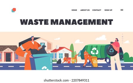 Waste Management Landing Page Template. Scavengers in Uniform Collect Litter to Truck on Street. Rubbish and Waste Recycling, City Cleaning Service Employees Work Process. Cartoon Vector Illustration