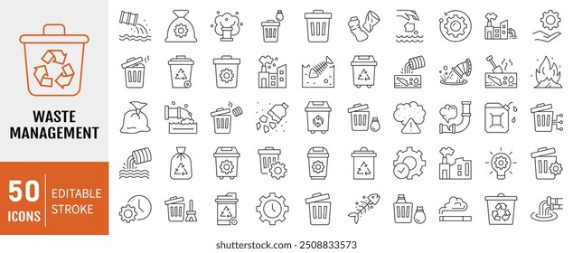 Conjunto de iconos de línea de gestión de residuos. Contiene eliminación, vertedero, colección de basura, plástico, clasificación, icono de contaminación. Vector de línea simple.