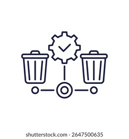 Icono de línea de gestión de residuos con contenedores de basura en blanco