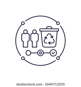 waste management line icon with workers and trash bin