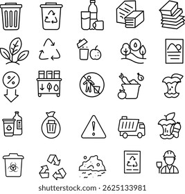 Waste Management Line Icons Set – Minimal Eco Recycling, Trash, Compost, Clean Environment Symbols