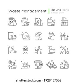 Waste management linear icons set. Residential waste collection. Paper shredding. Grass clippings. Customizable thin line contour symbols. Isolated vector outline illustrations. Editable stroke