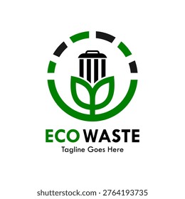 Waste management logo featuring a trash bin and green leaves inside a circular frame. Ideal for recycling, environmental cleaning, and sustainable garbage disposal services.