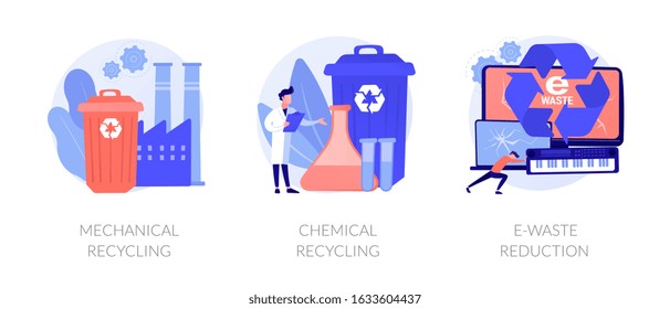 Waste management methods, pollution prevention, obsolete devices disposal. Mechanical recycling, chemical recycling, e-waste reduction metaphors. Vector isolated concept metaphor illustrations