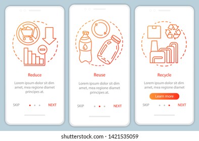 Waste management onboarding mobile app page screen vector template. Zero waste, reduce, reuse, recycle walkthrough website steps with linear illustrations. UX, UI, GUI smartphone interface concept