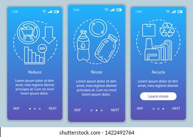 Waste management onboarding mobile app page screen vector template. Zero waste, reduce, reuse, recycle walkthrough website steps with linear illustrations. UX, UI, GUI smartphone interface concept