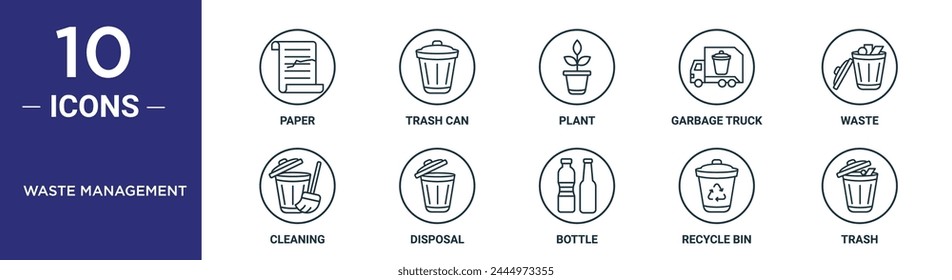 waste management outline icon set includes thin line paper, trash can, plant, garbage truck, waste, cleaning, disposal icons for report, presentation, diagram, web design