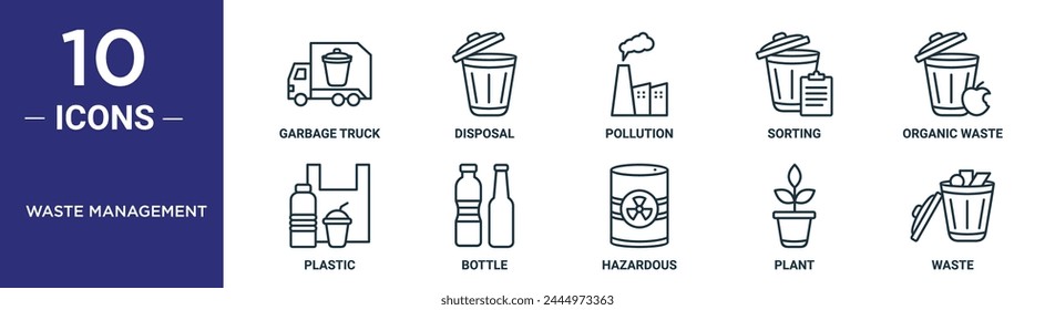 waste management outline icon set includes thin line garbage truck, disposal, pollution, sorting, organic waste, plastic, bottle icons for report, presentation, diagram, web design