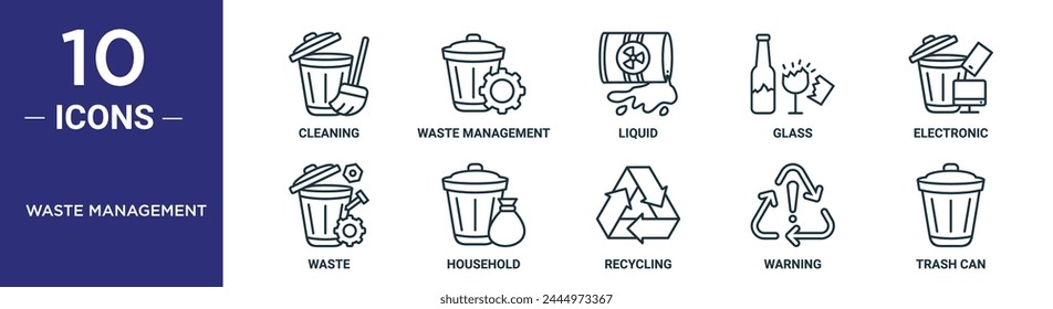 waste management outline icon set includes thin line cleaning, waste management, liquid, glass, electronic, waste, household icons for report, presentation, diagram, web design